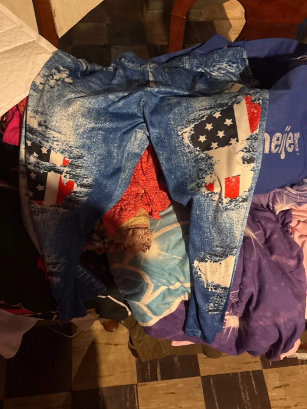 Girls' Blue Denim-Print Leggings with Patriotic Flag Accents